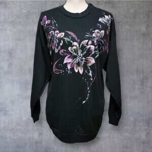 VTG 90s Floral Sweatshirt Womens Sz S Handpainted Black Purple Oversized Shirt‎